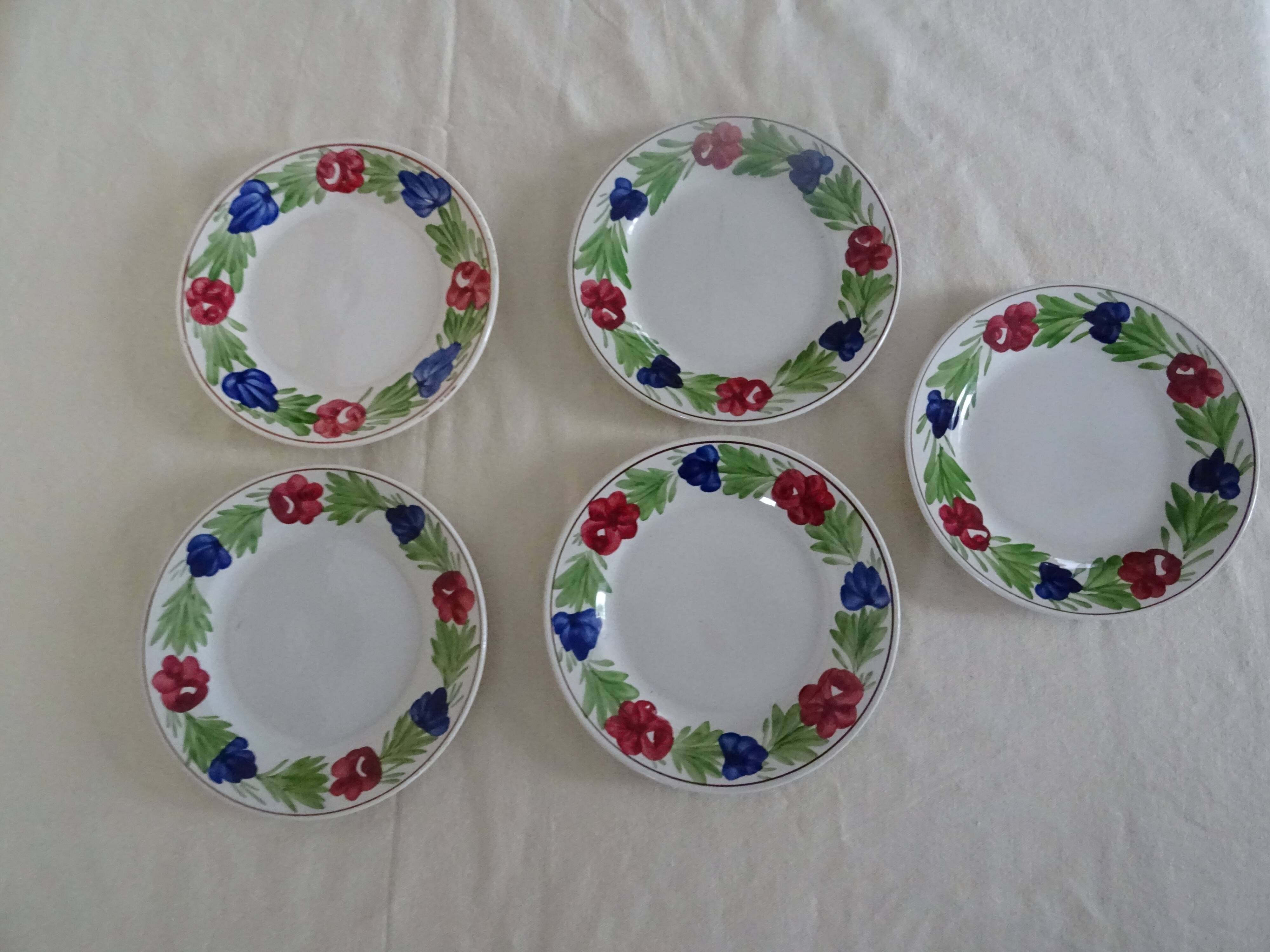 5 plates Luneville Badonviller old faience 385012 red flowers