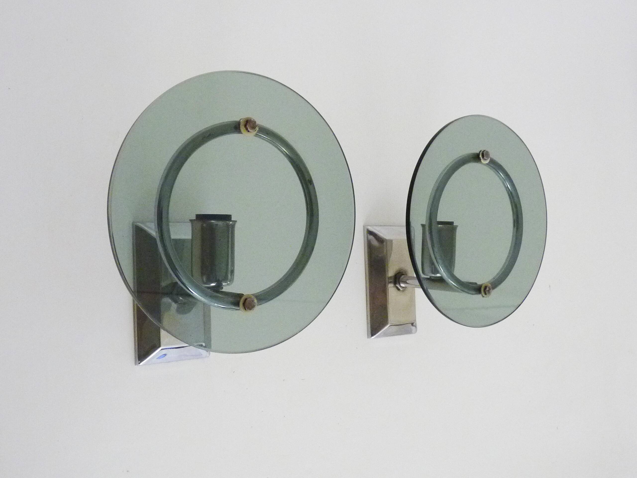 Pair of Italian wall lights in transparent blue-grey glass and chrome 70