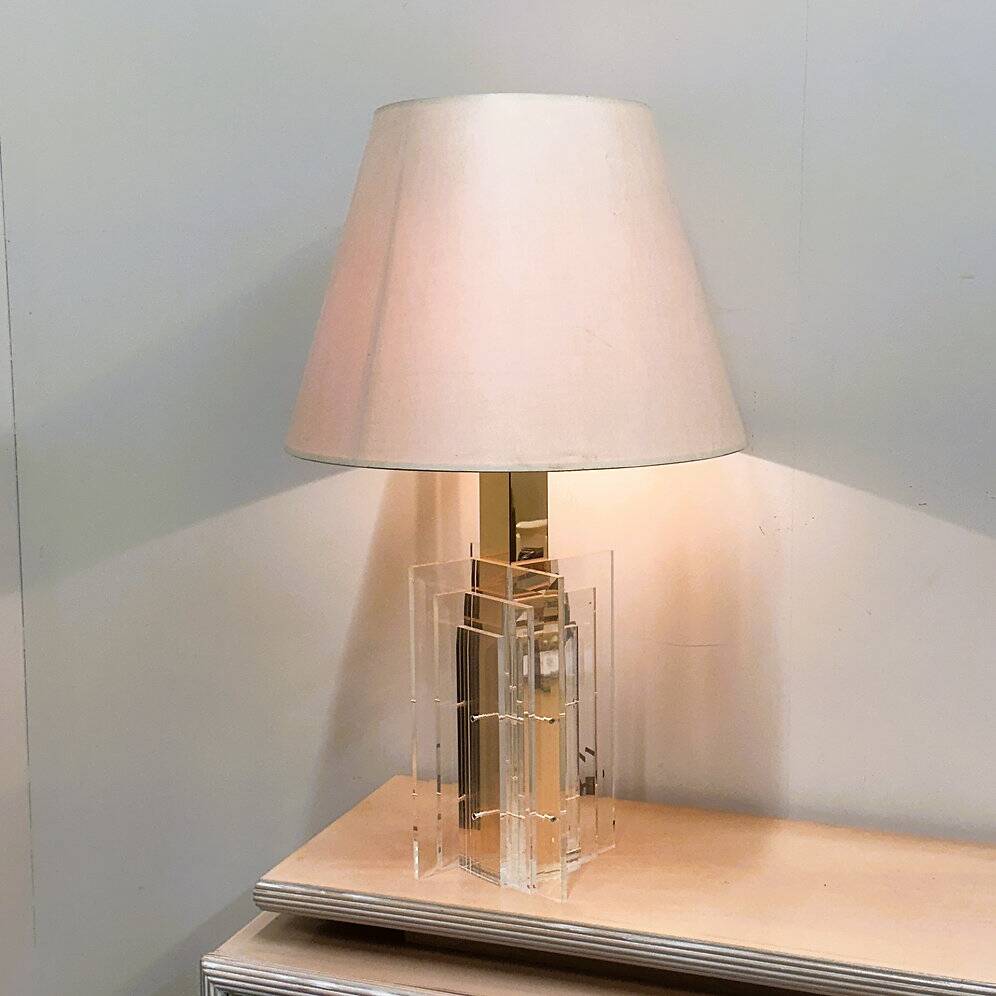 Large glamorous 1970s brass & lucite architectural table lamp