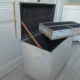 Vintage chest on casters pearl gray interior slate gray, oak top.