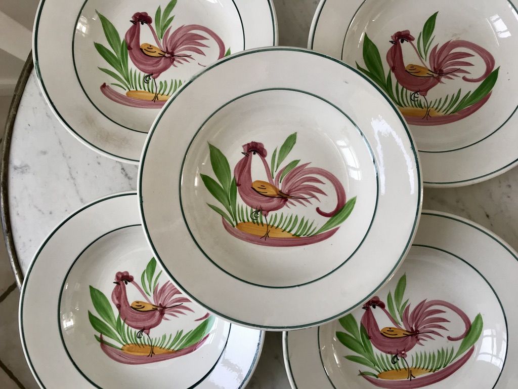Lot of 5 hollow plates digoin sarreguemines model "rooster" years 40-50