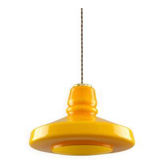 Mid-Century Italian Yellow Glass and Brass Pendant Lamp