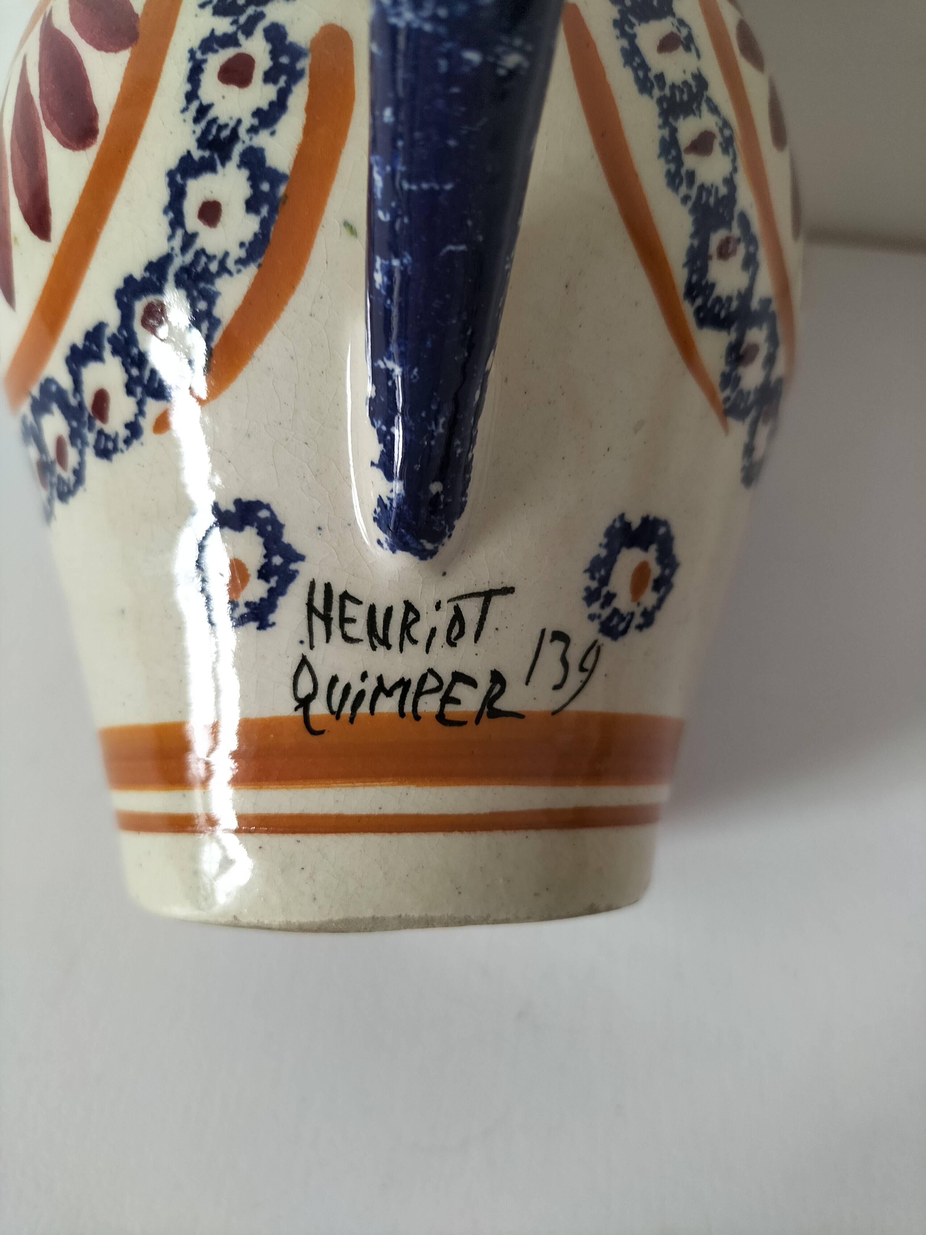 Breton pitcher Henriot Quimper Breton decoration no. 139 circa 1925-1935