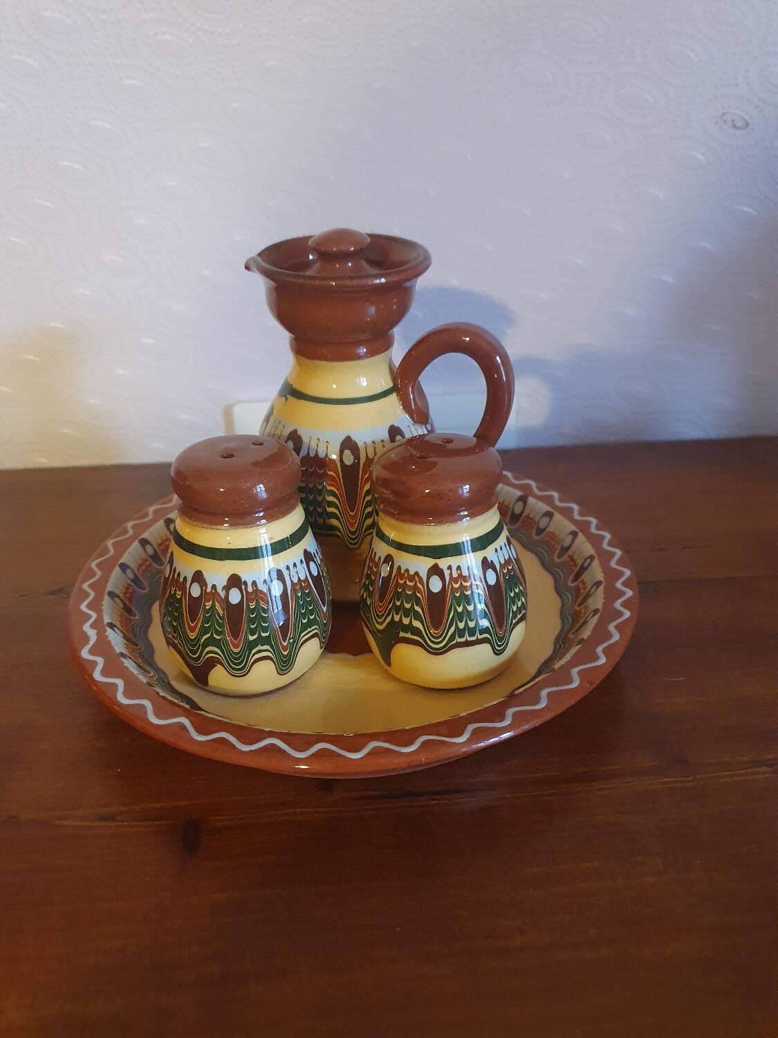 Salt pepper vinegar condiment service in vintage Bulgarian enameled pottery