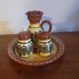 Salt pepper vinegar condiment service in vintage Bulgarian enameled pottery
