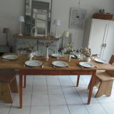 Vintage farm table, beech base and belt, pitch pine top.