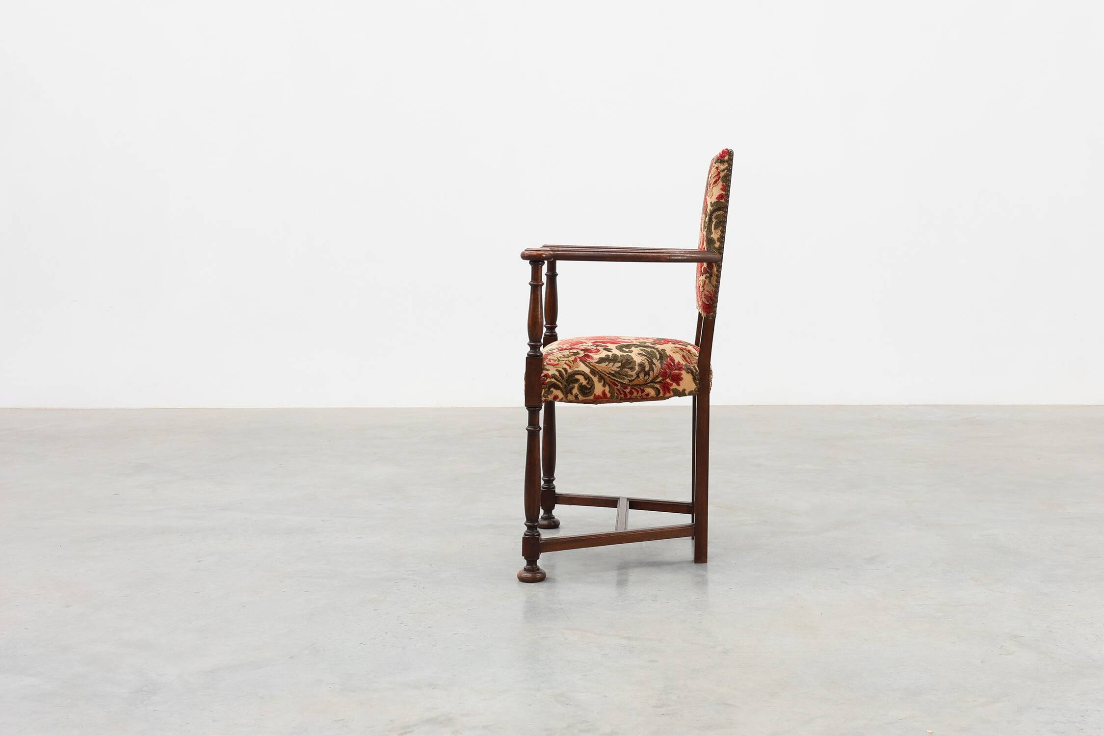 Antique oak Louis XIII style chair with floral upholstery, France ca. 1890