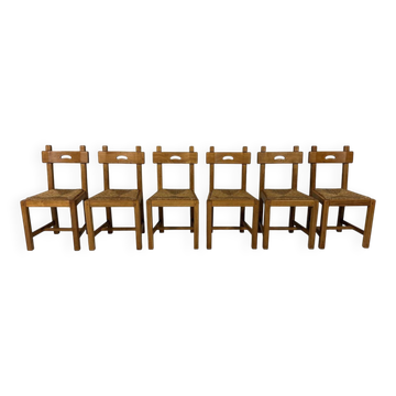 6 Rustic blonde oak dining chairs 1960’s