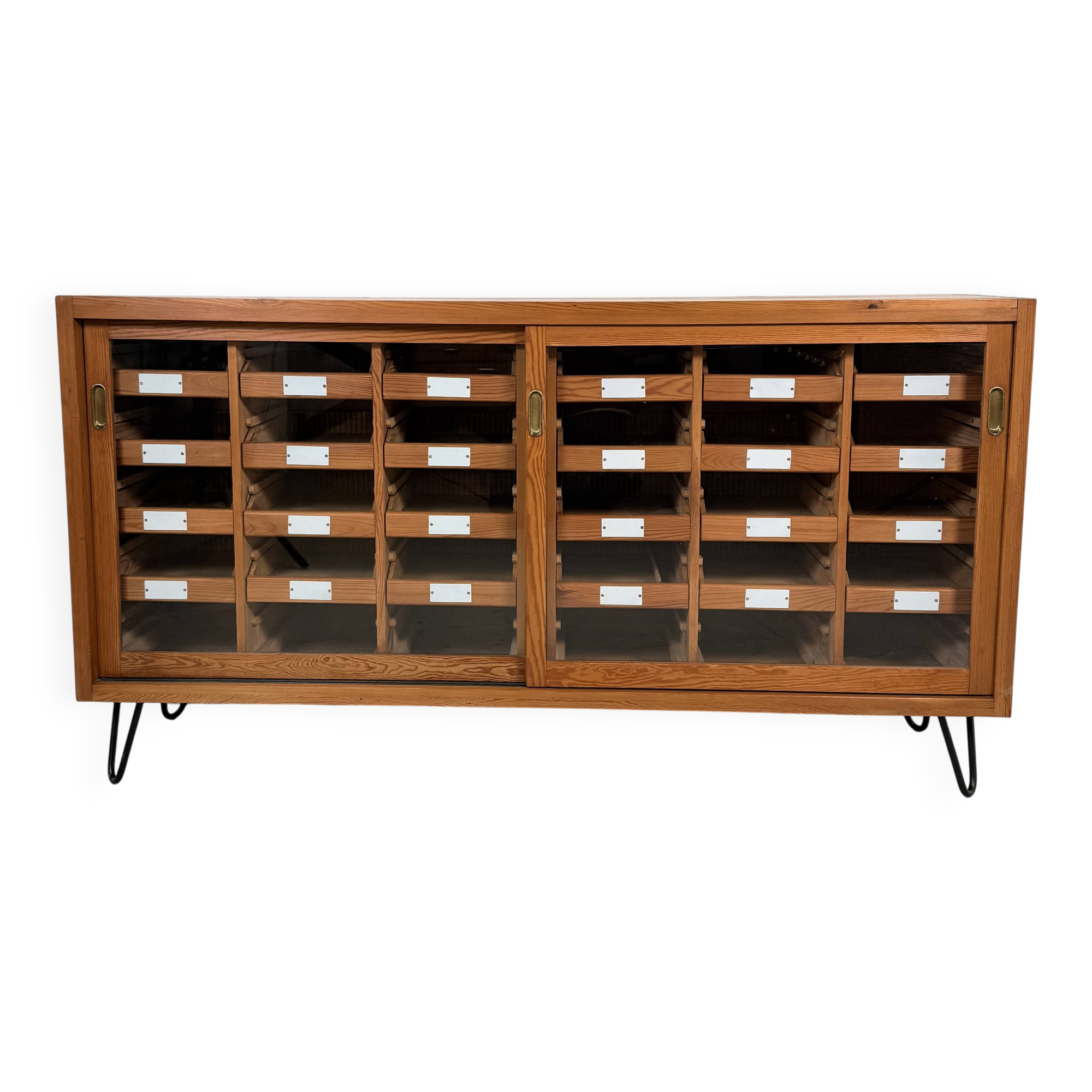 Vintage German Pine Sideboard / Sorting Cabinet with 24 Drawers & Glass Sli