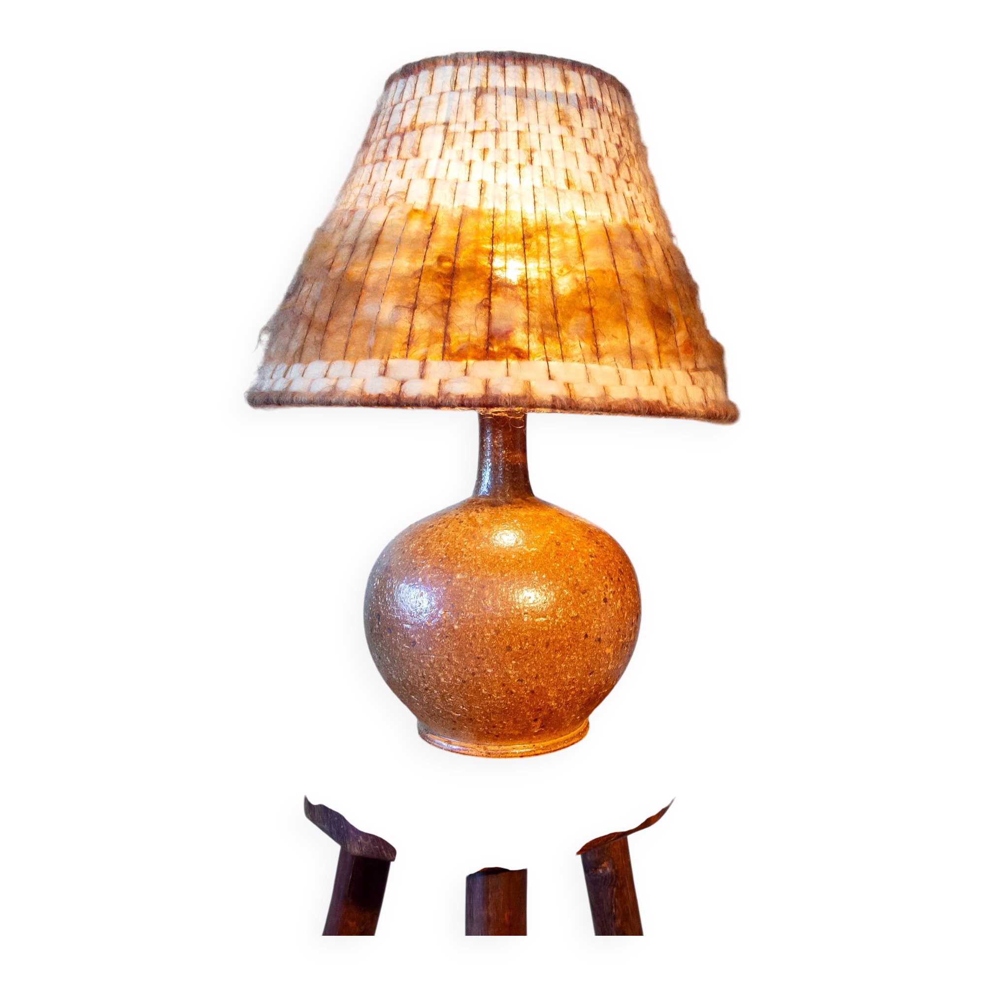 Lampe grés et laine brut, signée Alain Blanchard, 1970