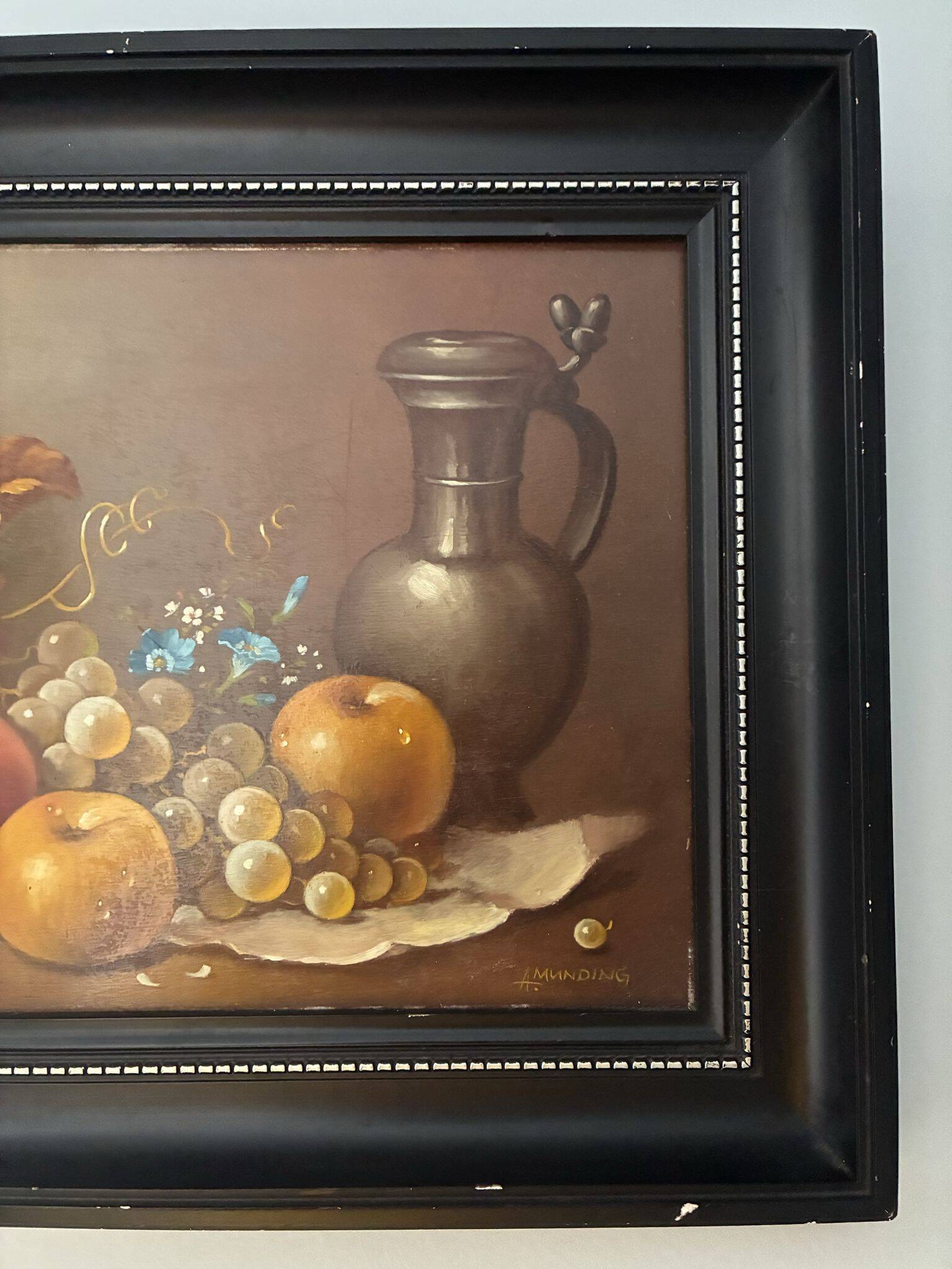 Still life oil painting on wood, signed A. Munding, black frame