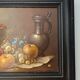 Still life oil painting on wood, signed A. Munding, black frame