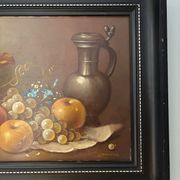 Still life oil painting on wood, signed A. Munding, black frame
