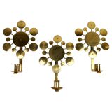 Set of 3 Wall Candle Holders in Brass "Sunburst" Holmström, Arvika, Sweden, 1960s