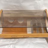Brutalist wabi sabi slated coffee table with leather magazine holder