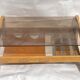 Brutalist wabi sabi slated coffee table with leather magazine holder