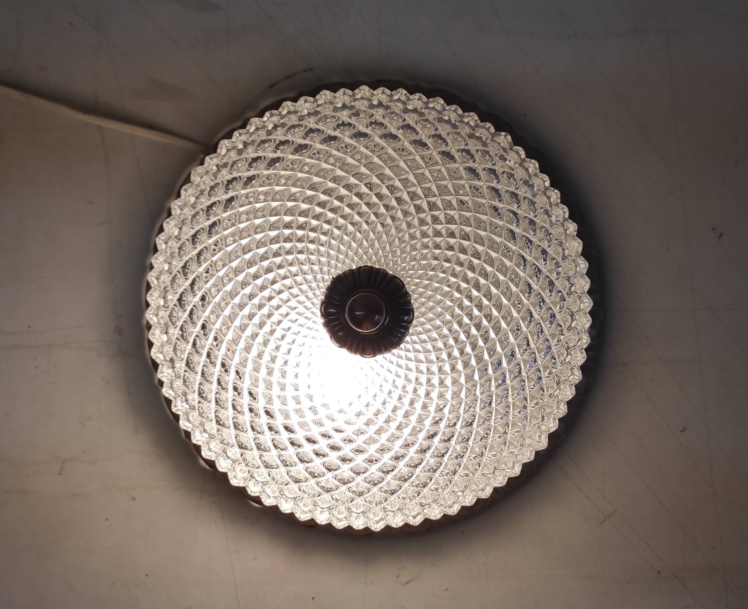 Golden brass ceiling light with diamond-shaped moulded glass - 1980s