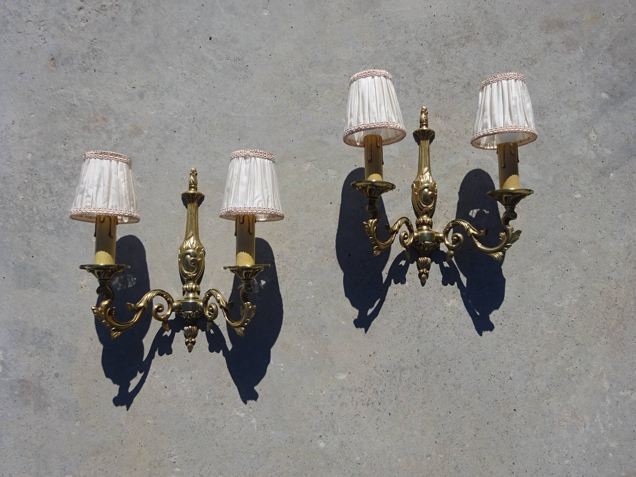 Bronze wall sconces, silk shades, pair