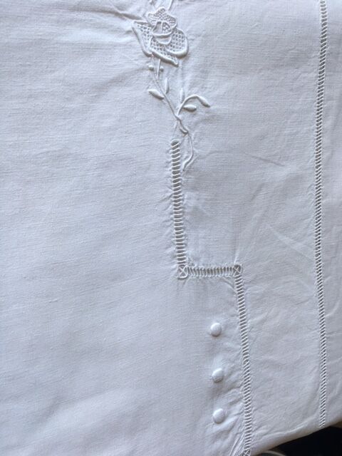 Antique linen sheet embroidered by hand and monogram t t 226 x 324