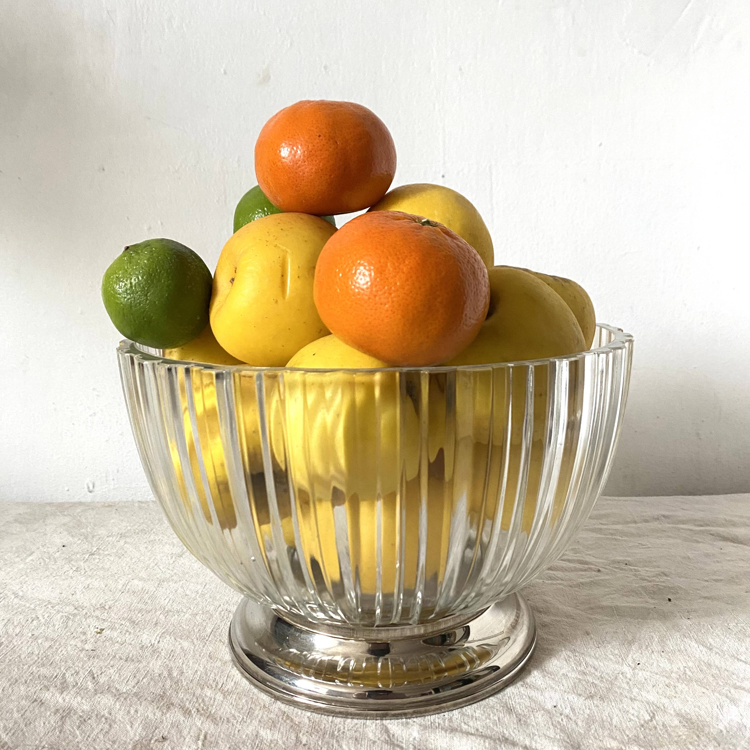 Saladier ou Coupe à fruits en verre et métal argenté