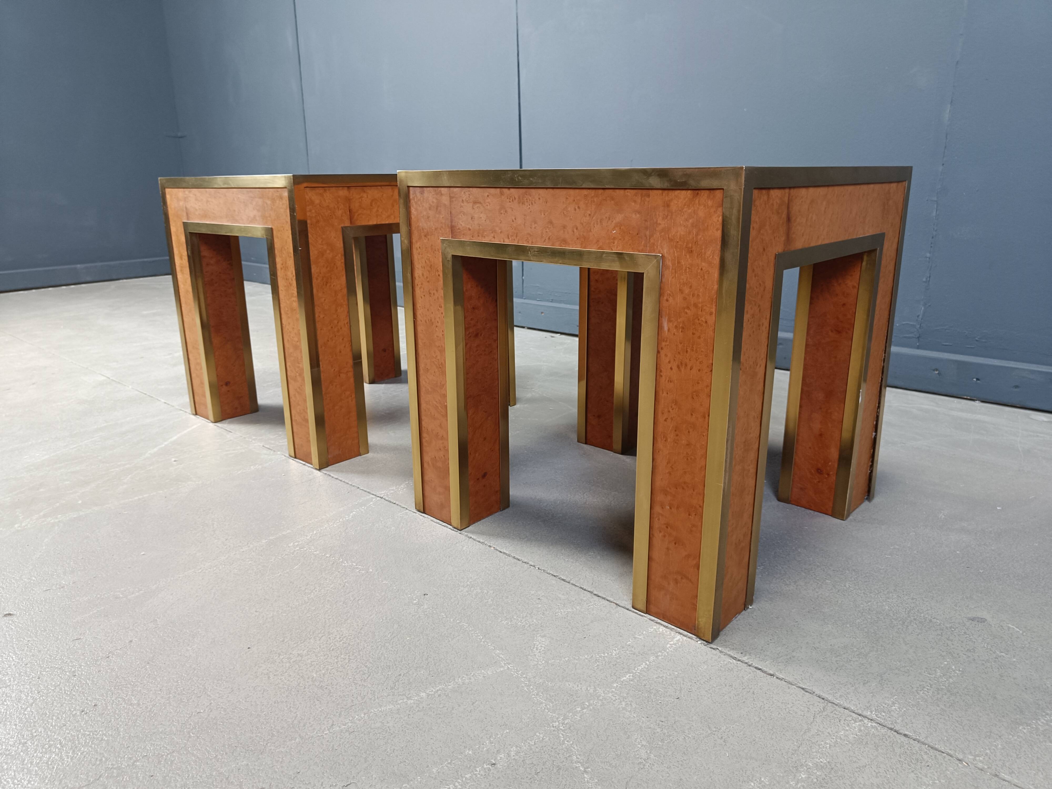 Pair of brass and burl wood side tables, 1980s