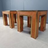 Pair of brass and burl wood side tables, 1980s