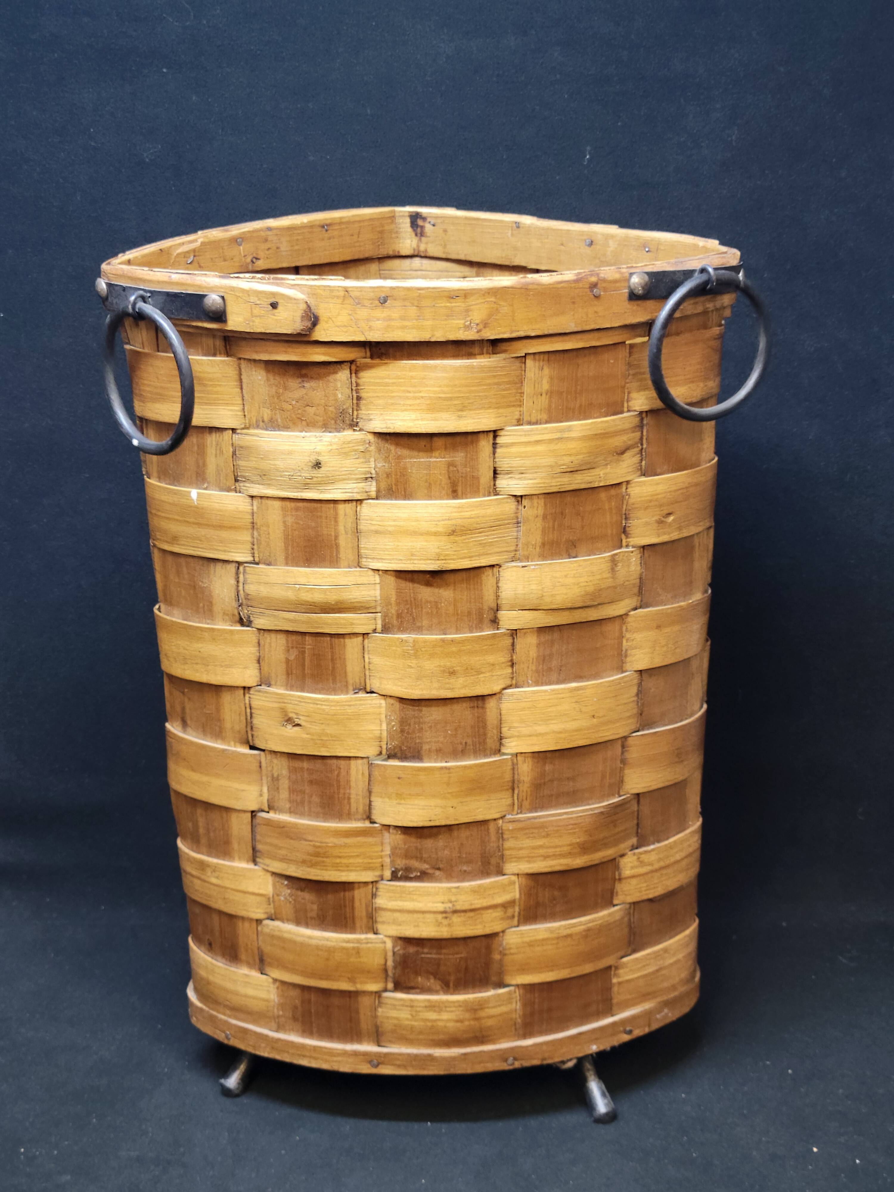 Antique vintage corner woven wooden basket umbrella holder / basket