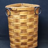 Ancienne corbeille vintage en bois tressé d'angle porte parapluie / panier