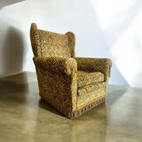 Fauteuil vintage jaune moutarde / monoplace à franges