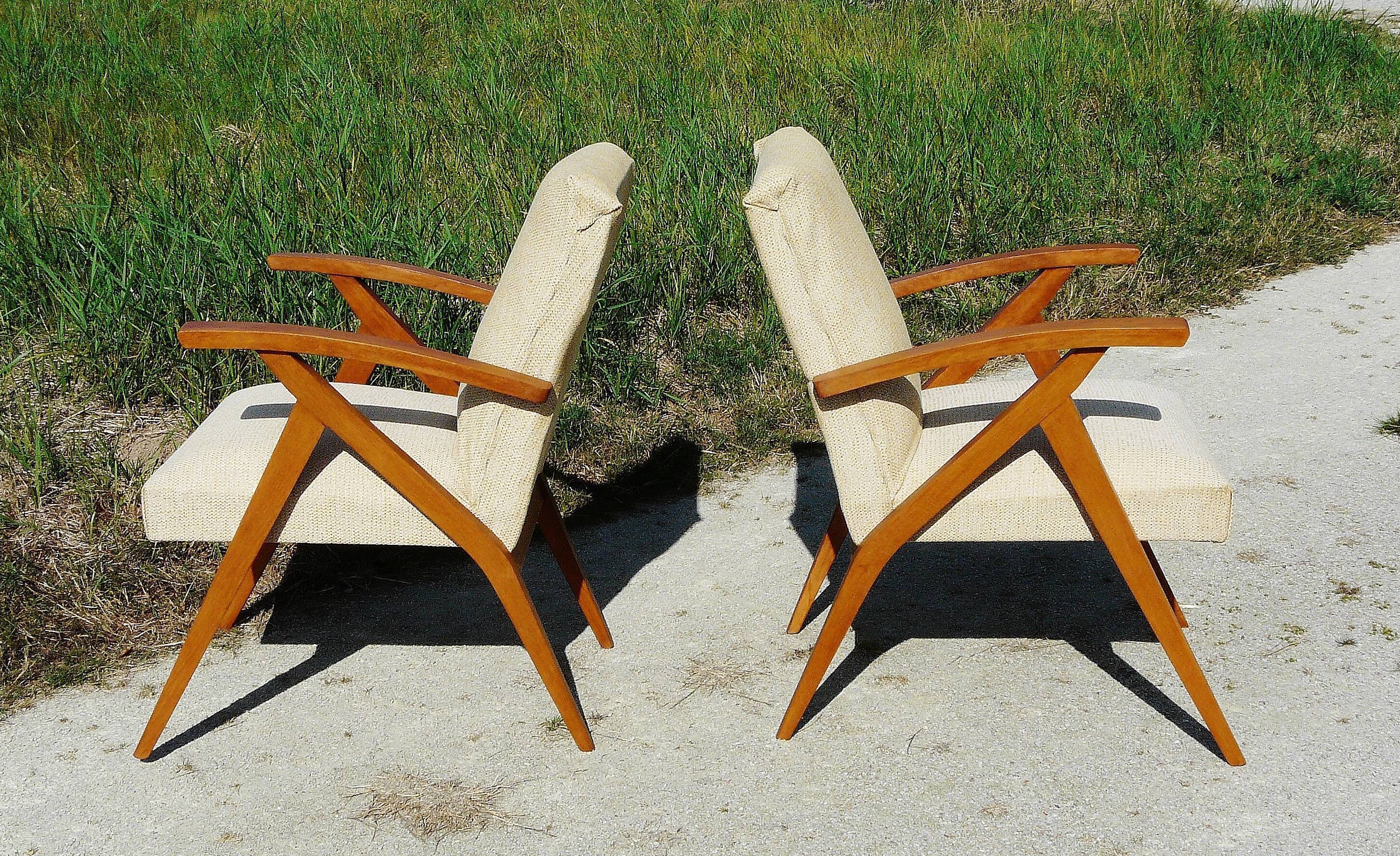 Pair of Scandinavian vintage armchairs in blond wood