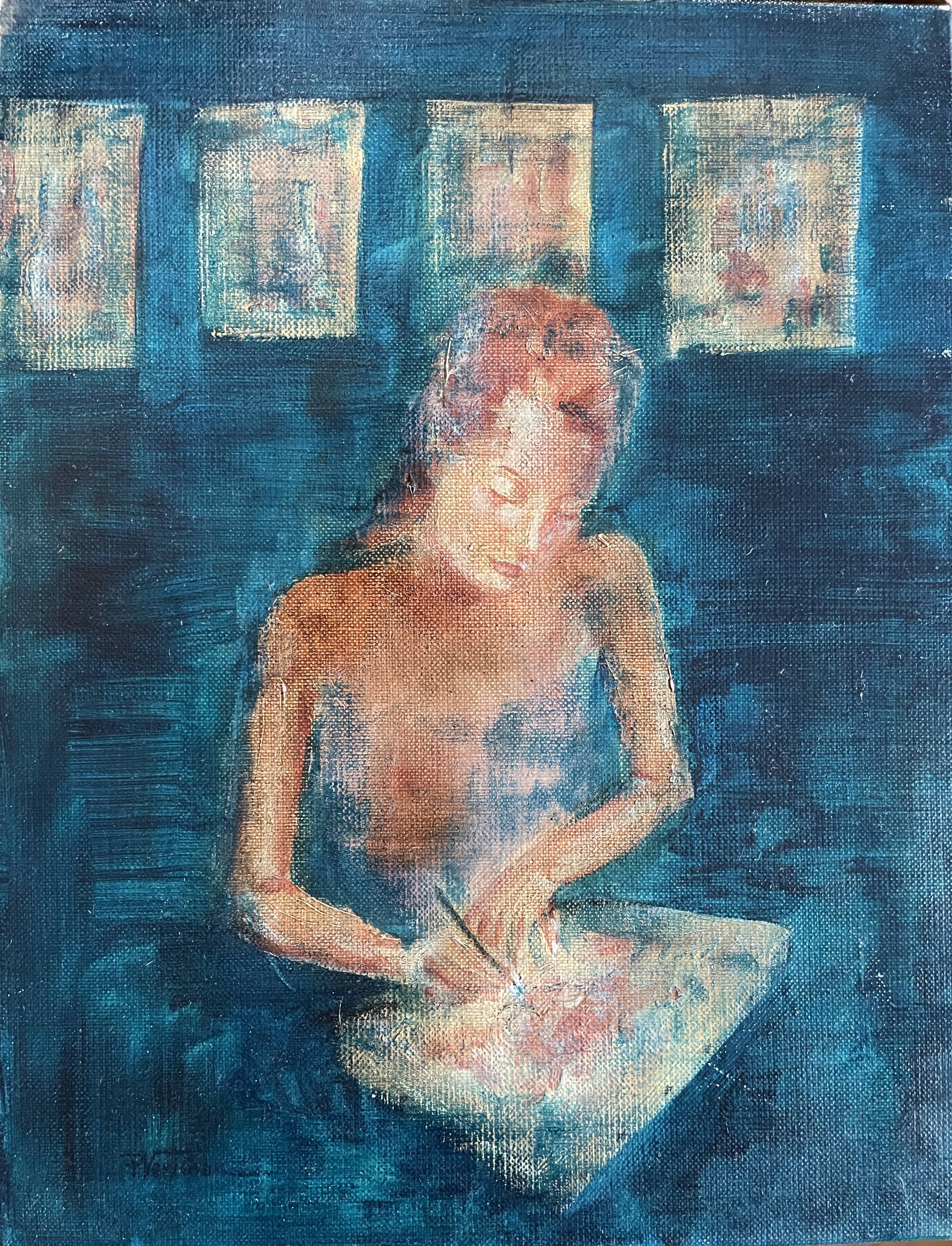 Tableau huile sur toile signé portrait femme « La Dessinatrice »