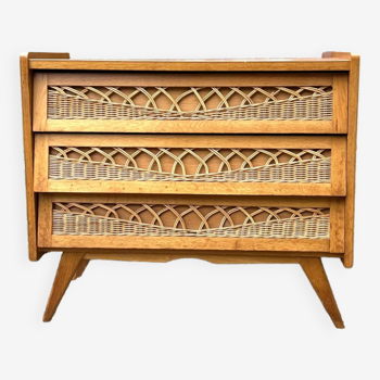 Vintage chest of drawers wood and rattan