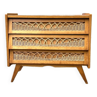 Commode vintage bois et rotin