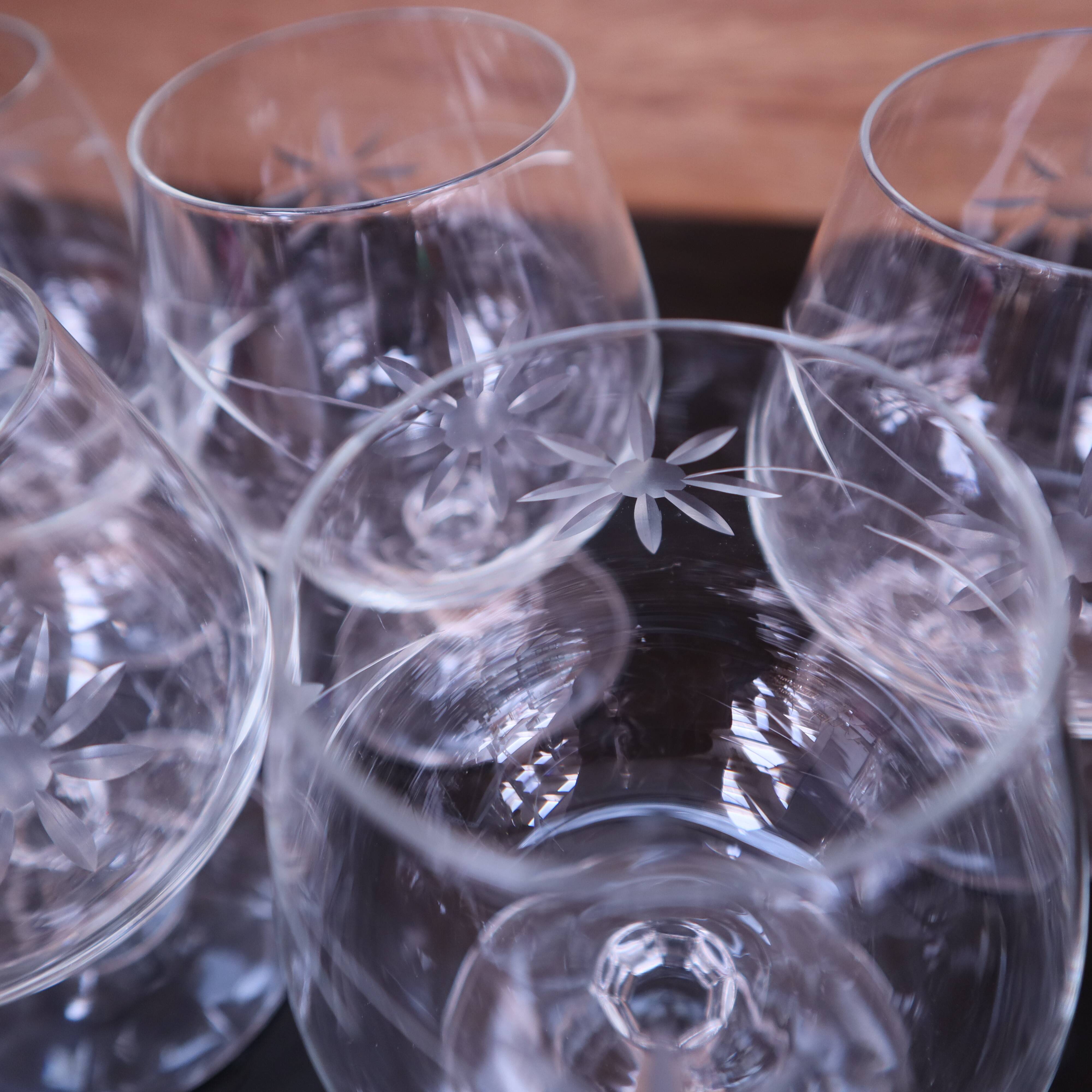 5 engraved vintage flower port glasses