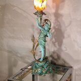 Old lamp in green and bronze patinated regula with pretty multi-colored opaline tulip
