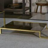 Designer coffee table with brass structure and black smoked glass, 1970s