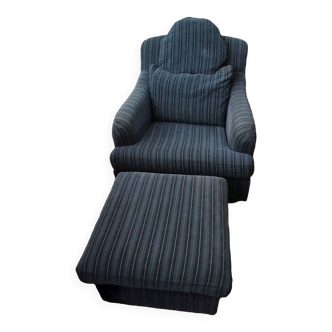 Blue striped fabric armchair with matching pouf