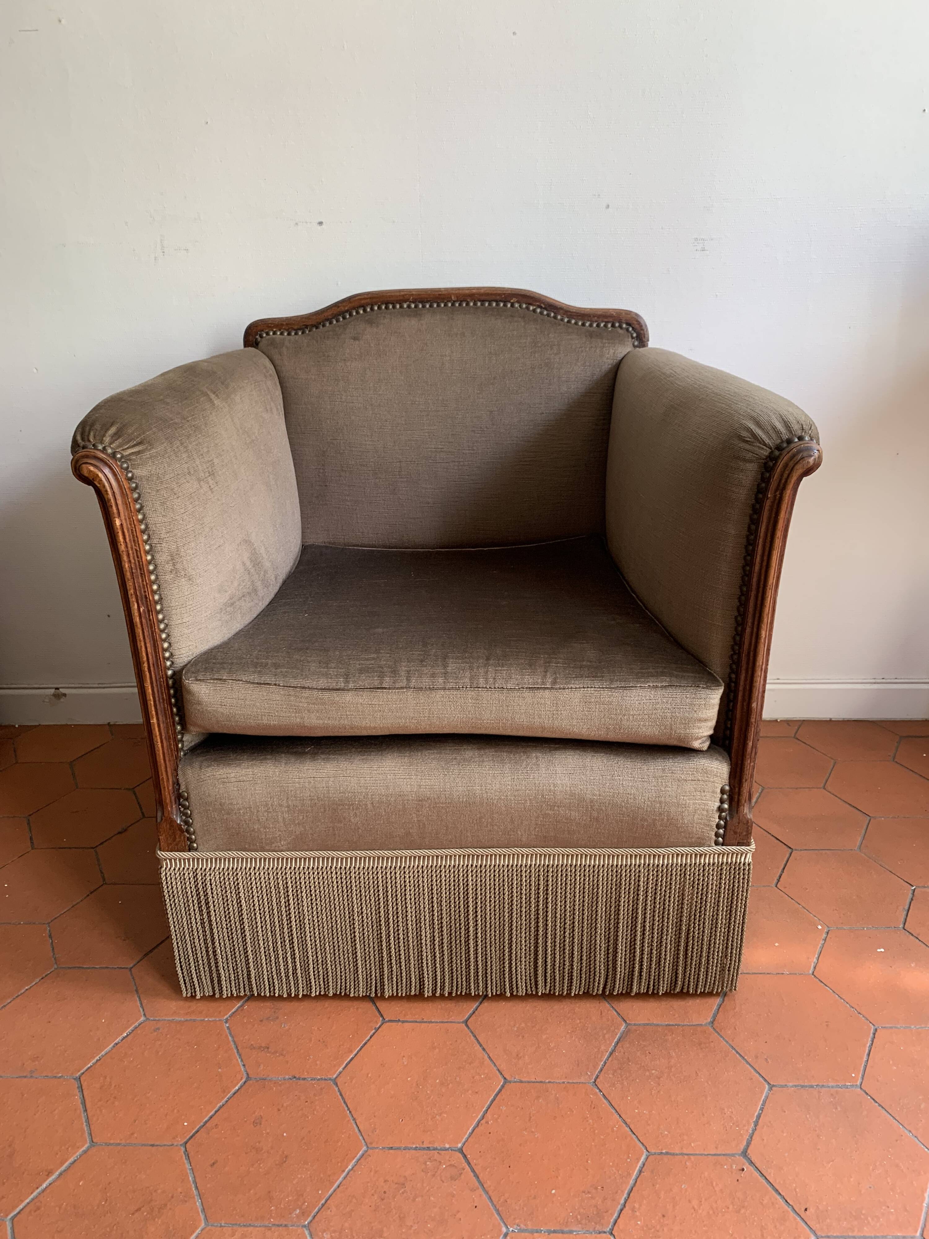 Art Deco armchair in taupe velvet, 1920/30
