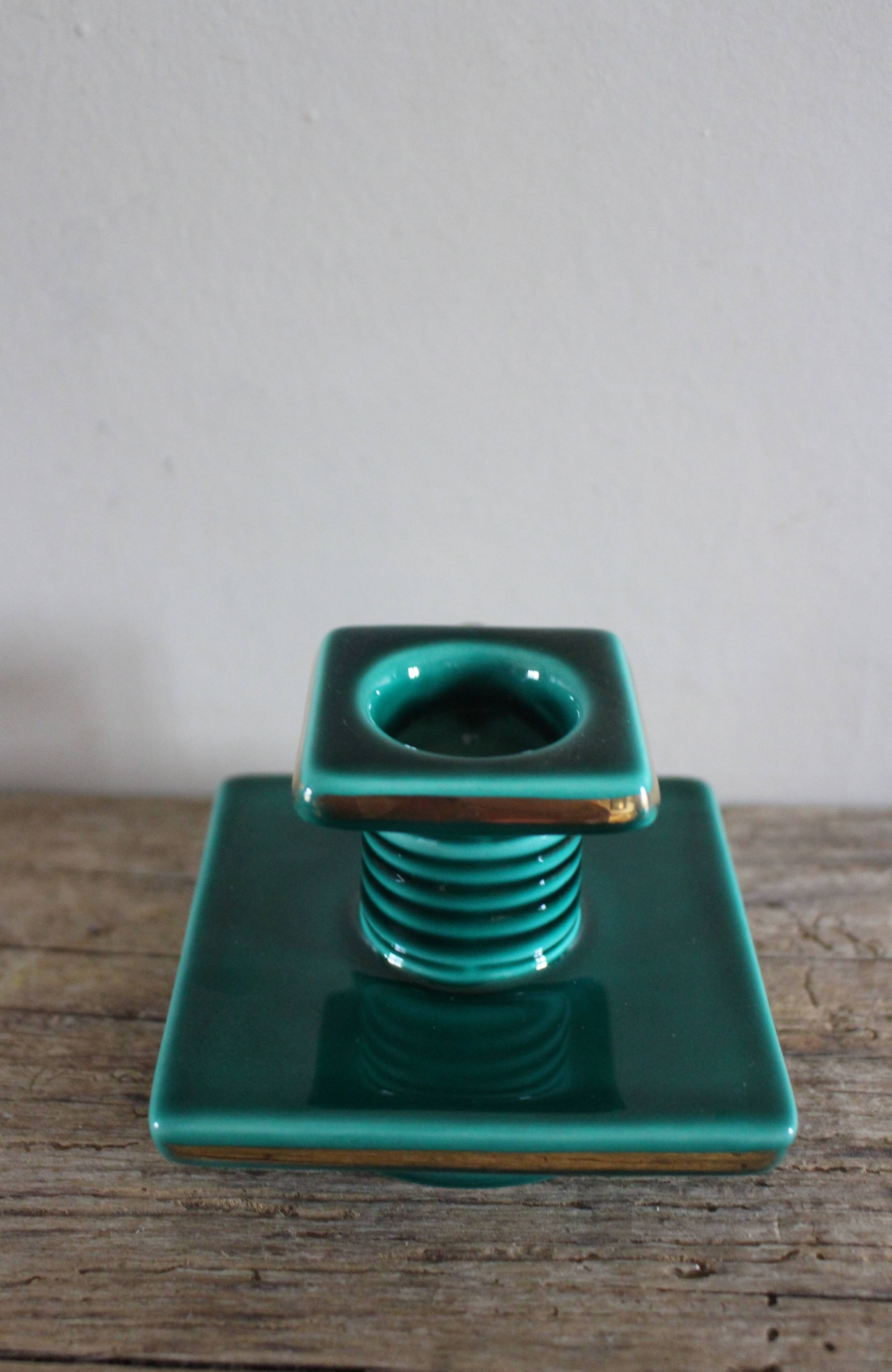 Cave rat candlestick, green earthenware with gilding from the 1950s.