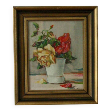 Huile sur panneau suédoise originale – « Nature morte : vase de roses »