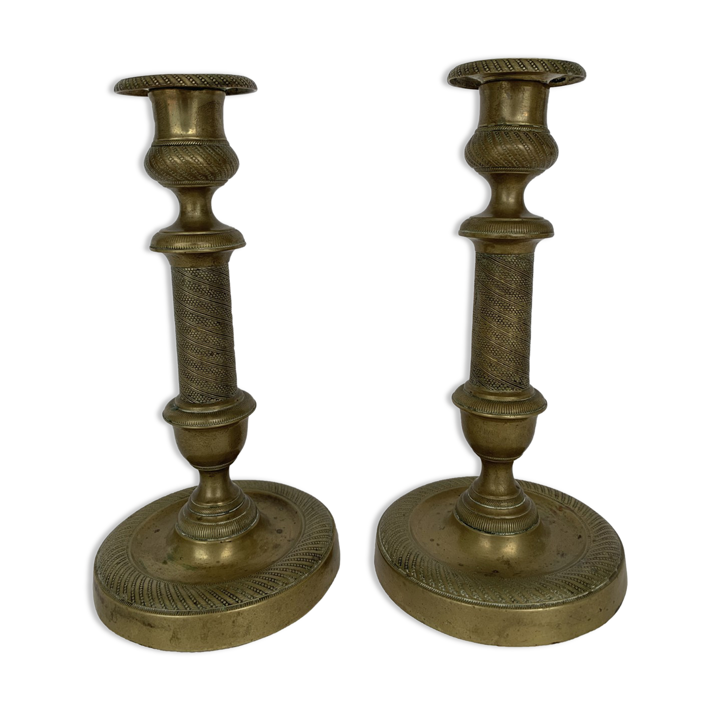 PAIR OF CANDLE HOLDERS PERIOD RESTORATION 19TH BRONZE GILDED CISELE GUILLAUCHE