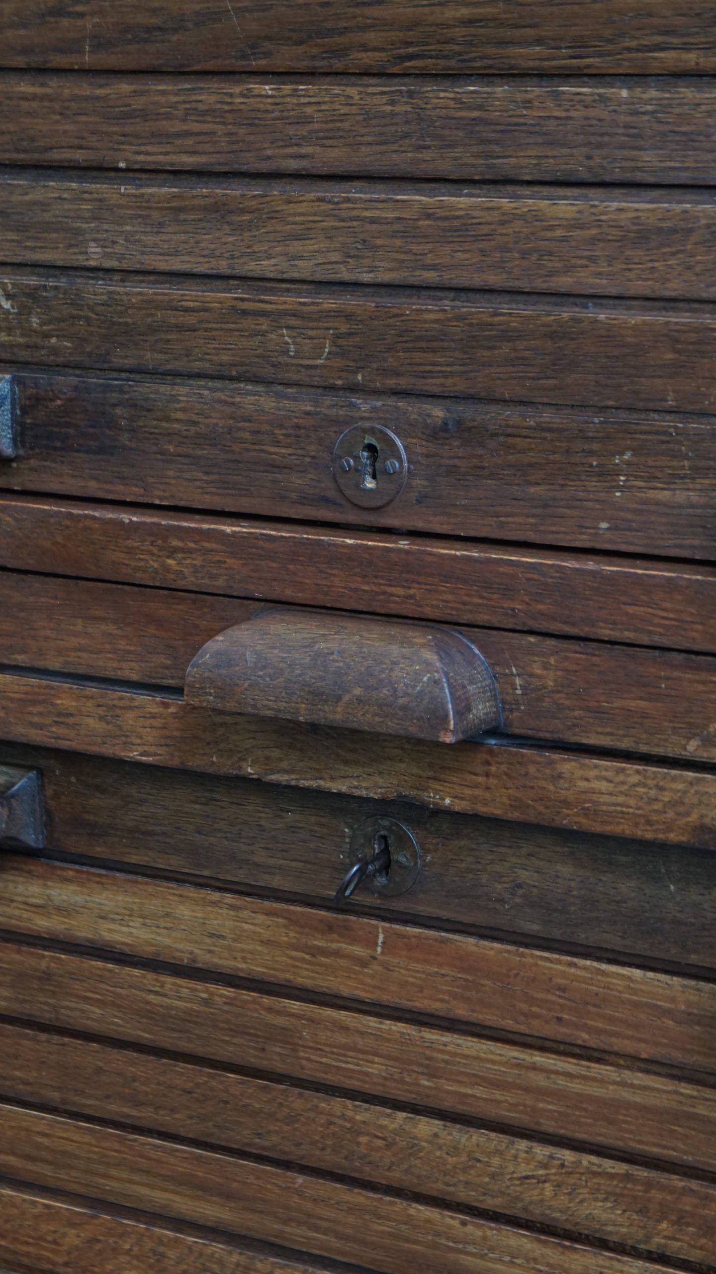 Antique oak notary cabinet with two roller doors and a working lock