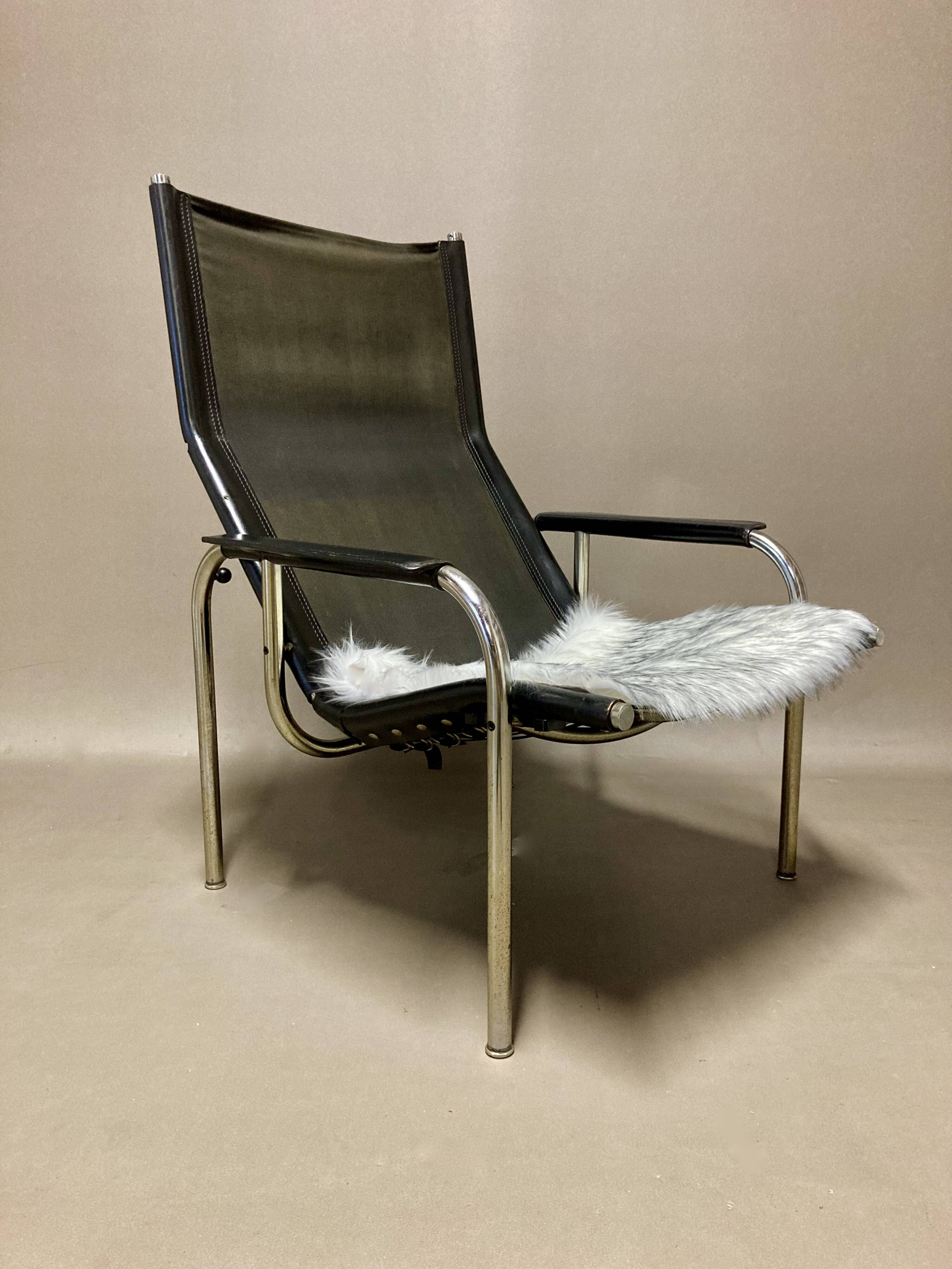 Black leather reclining relax armchair, 1960s design.