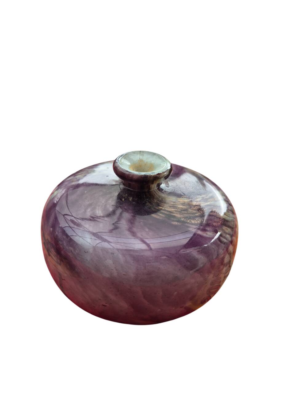 Vase panse aplatie à décor de spirales violettes et dorées