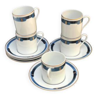 5 tasses à café et soucoupes Iriana Bleu Christofle porcelaine