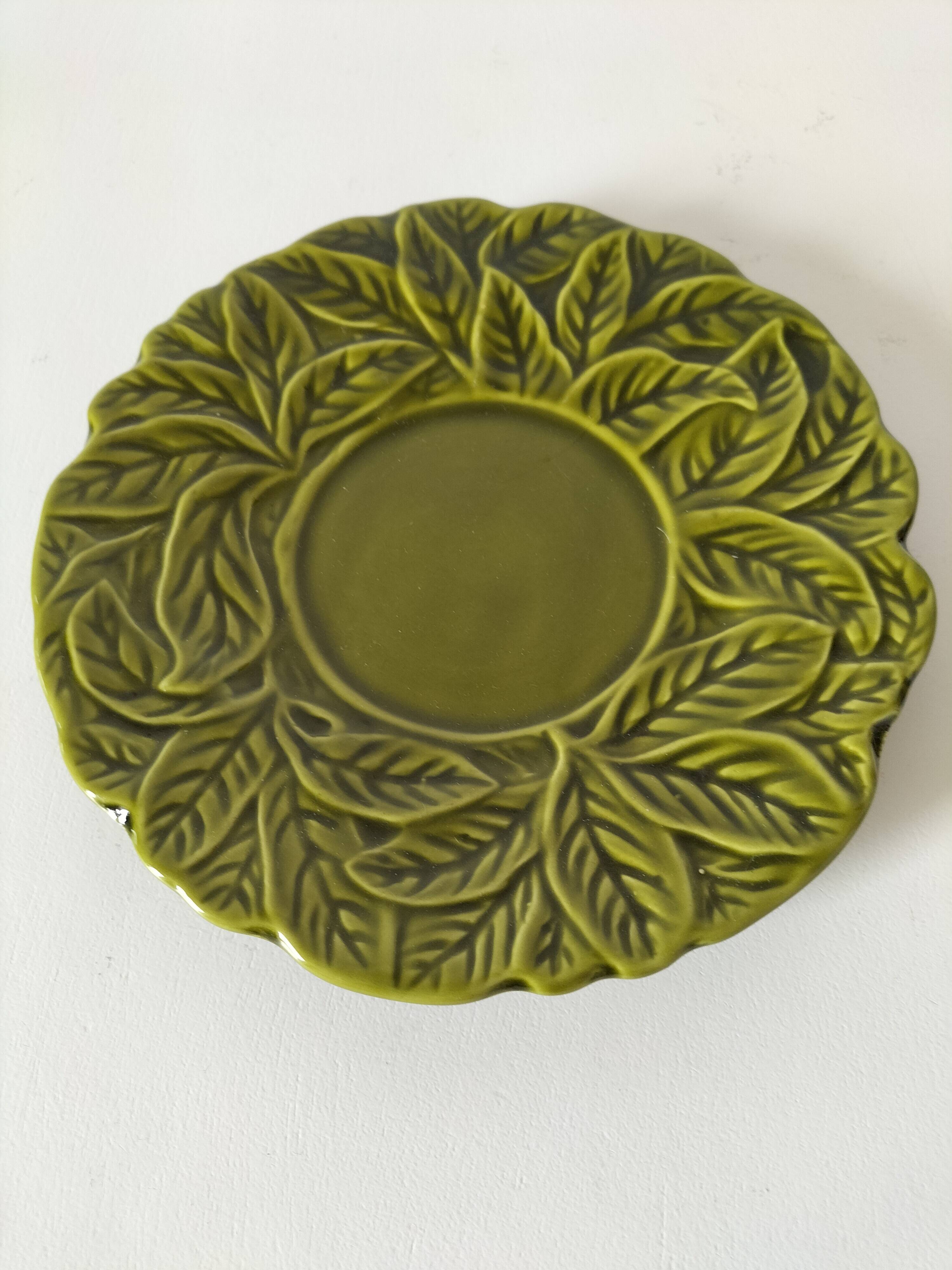 Vintage plate with olive green foliage relief