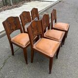 6 Art Deco gondola chairs in solid oak with brown leatherette, 1930s.