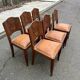 6 Art Deco gondola chairs in solid oak with brown leatherette, 1930s.