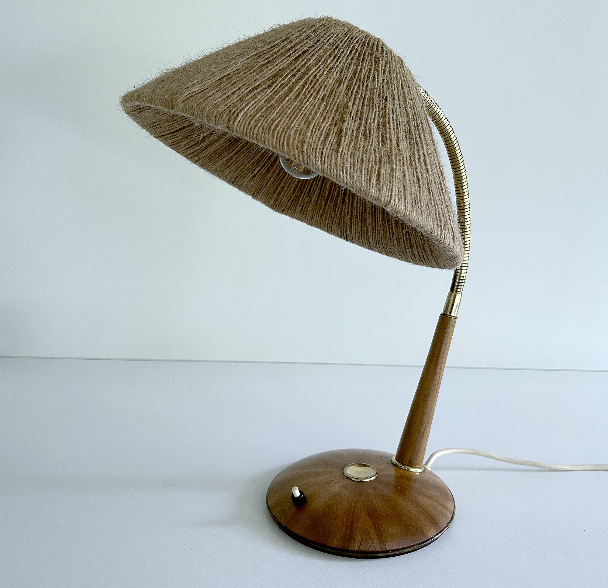 Vintage Scandinavian Lamp, Wood Brass Sisal