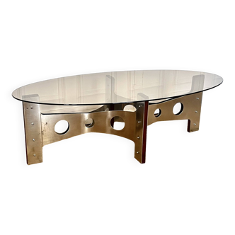 Vintage seventies coffee table in metal and smoked glass, 1970s